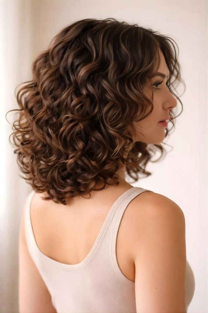 chestnut brown curls with caramel highlights